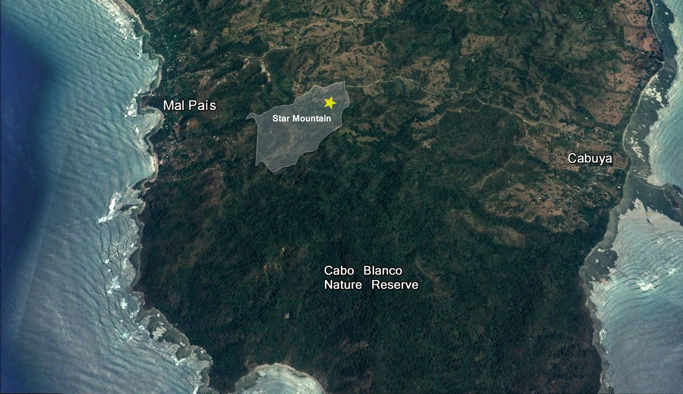 Mapa satelital con los límites de Star Mountain junto a la Reserva Cabo Blanco