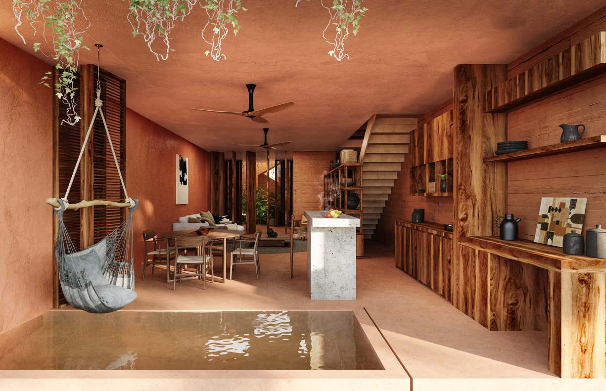 Biaani — terrazzo interior con silla colgante