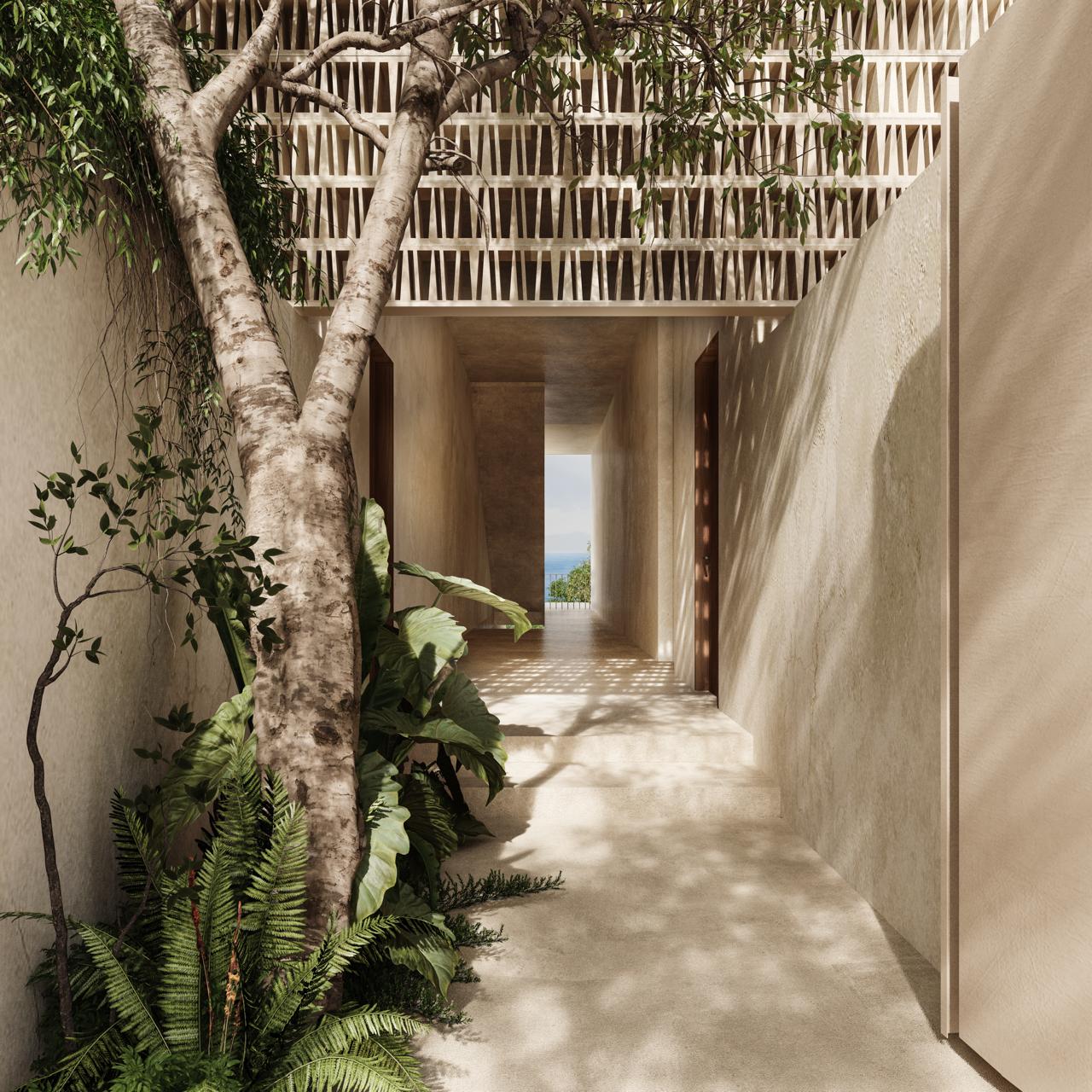 Corredor exterior con árbol y celosía de luz